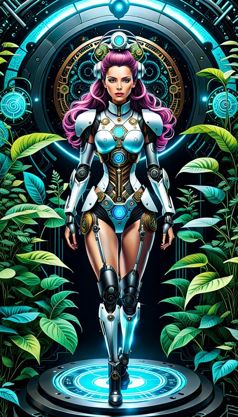 Steampunk Cyborg in a Botanical Computer Lab