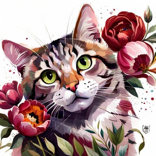 Magical Garden Cat Portrait in Digital Painting Style