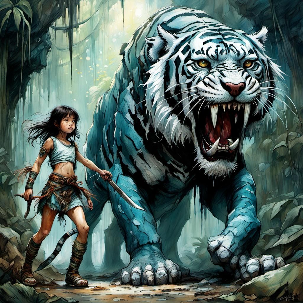 Prehistoric ( Littel Girl and a Saber-toothed tiger )