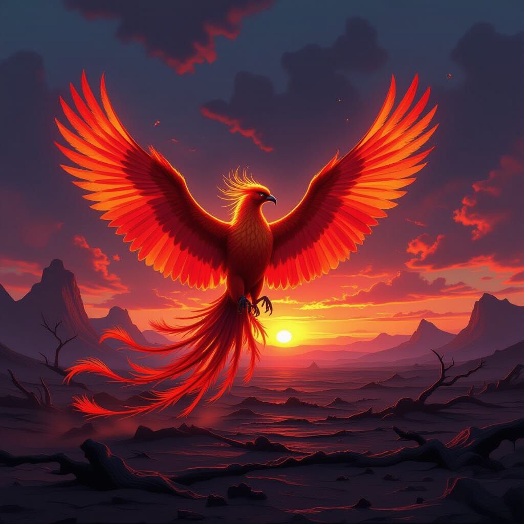 Majestic Phoenix Erupts from Ashy Landscape in Dramatic Ligh...