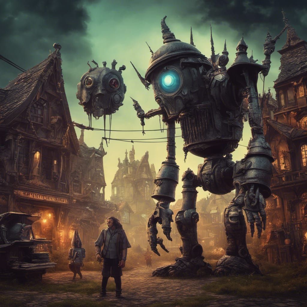 Gothic Robot Village in a Dark Academia Style