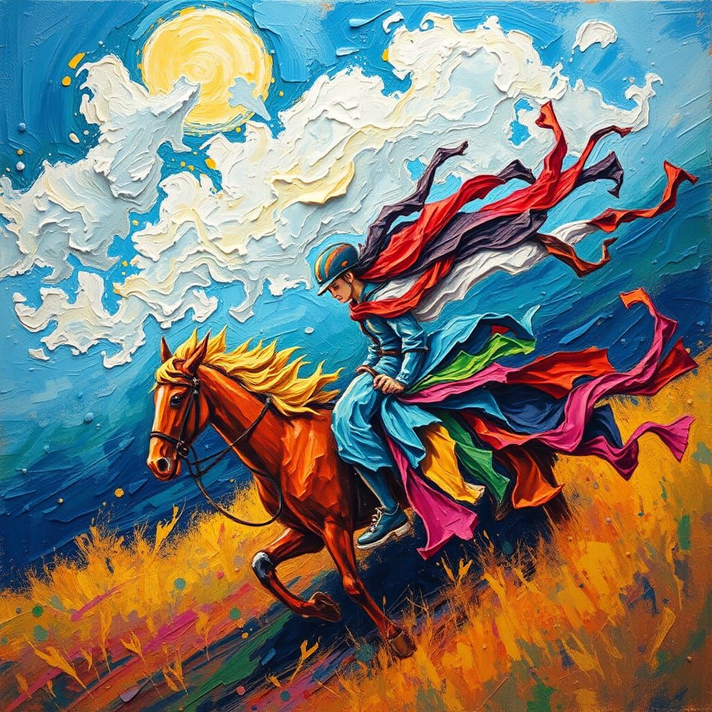Colorful Rider on the Wind in Impasto Style