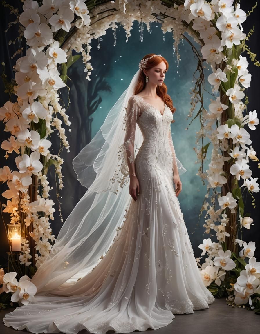 Auburn-Haired Bride Under Orchid Arch: Fantasy Art