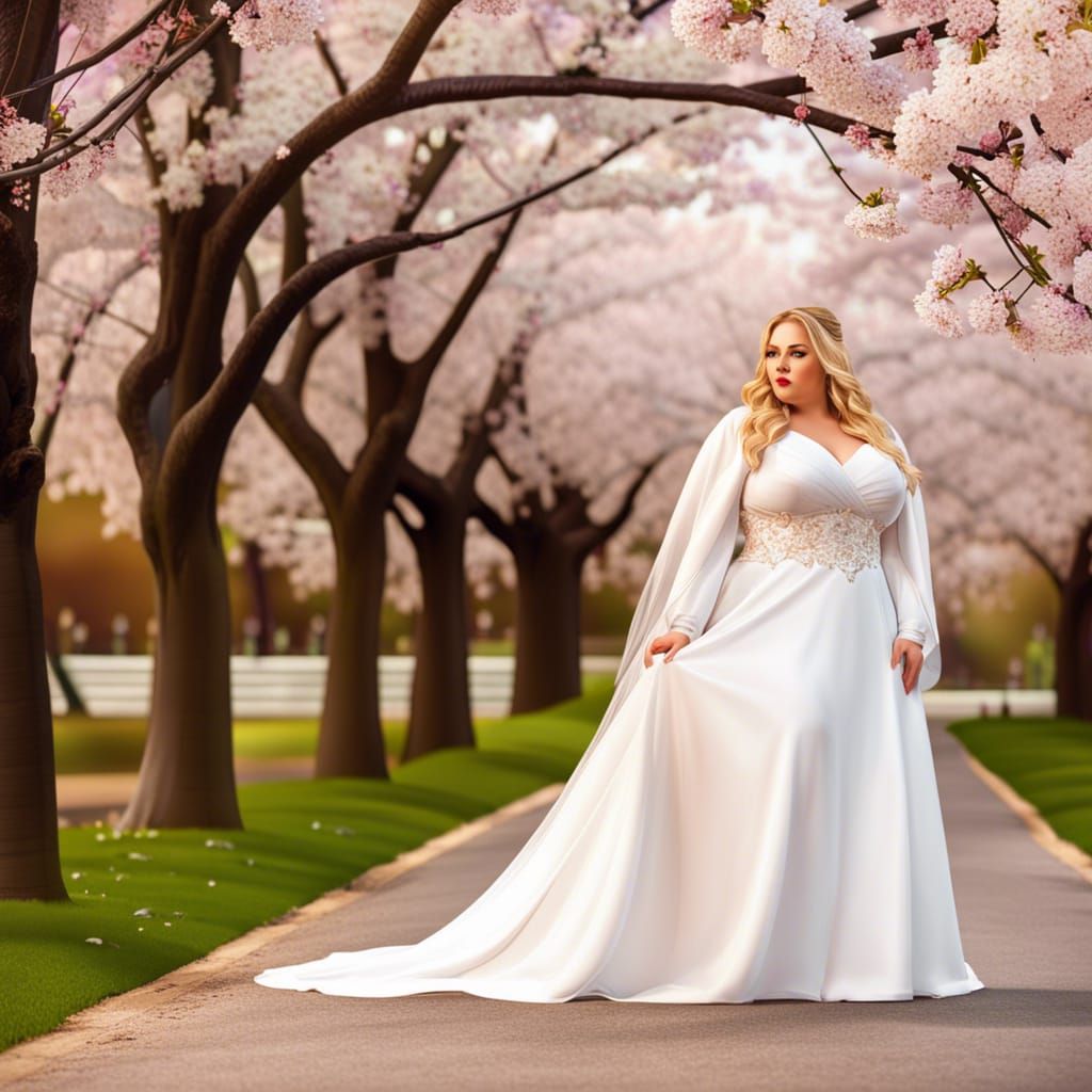 Plus Size Bride in Cherry Blossom Park: Hyperrealistic Splas...