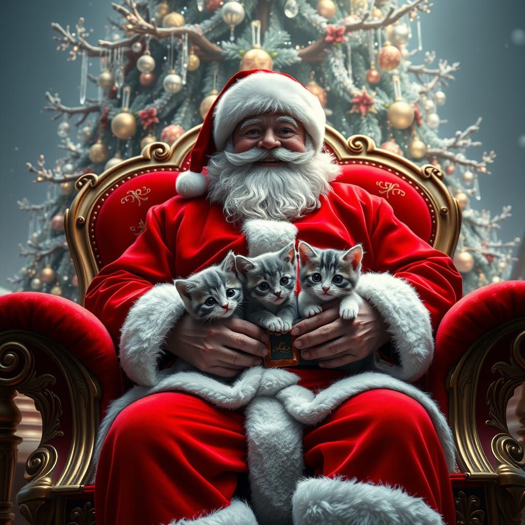 Jolly Santa Claus Surrounded by Adorable Kittens and a Majes...