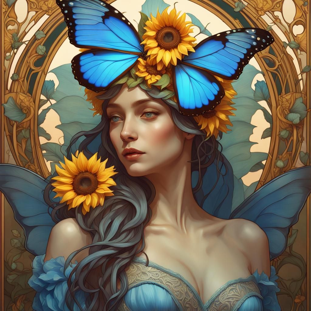 Art Nouveau Fairy with Sunflower and Butterfly Wings