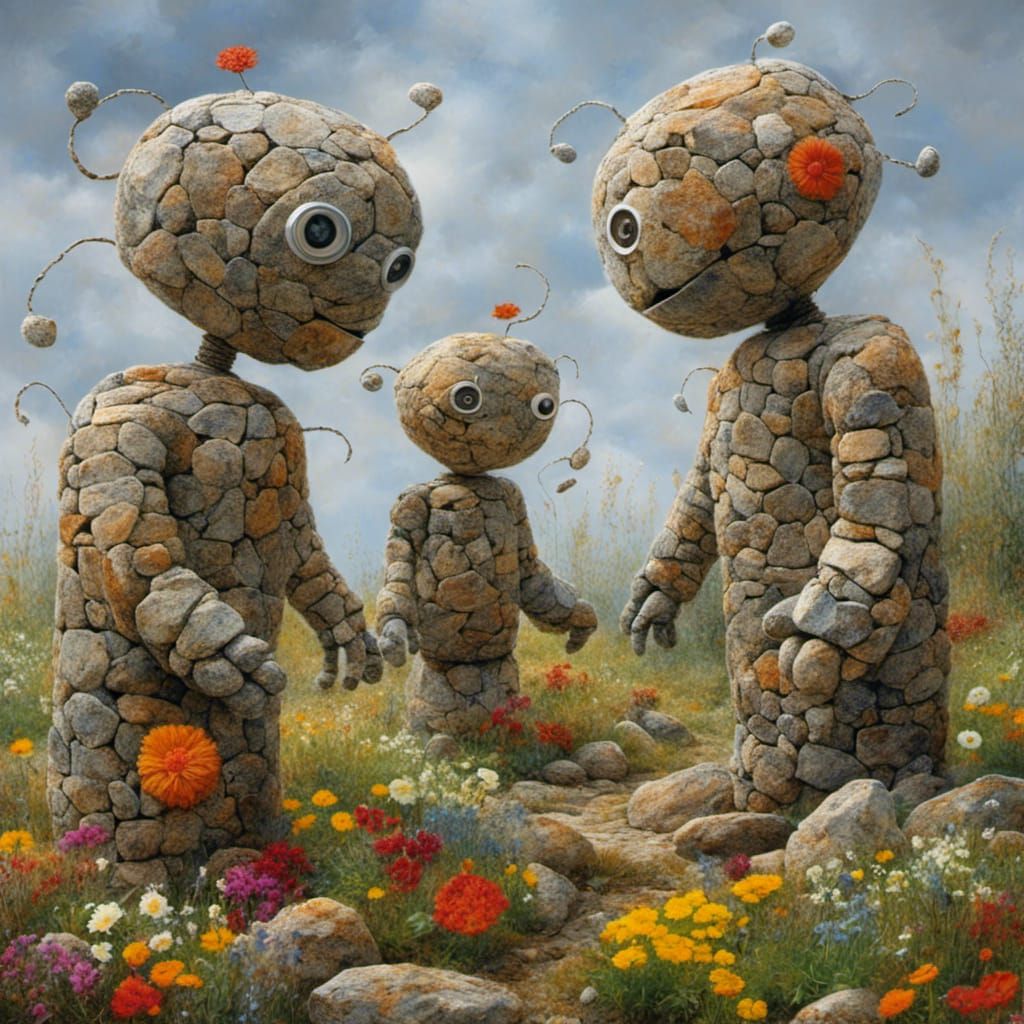 Cute Robots in Swirling Flower Garden