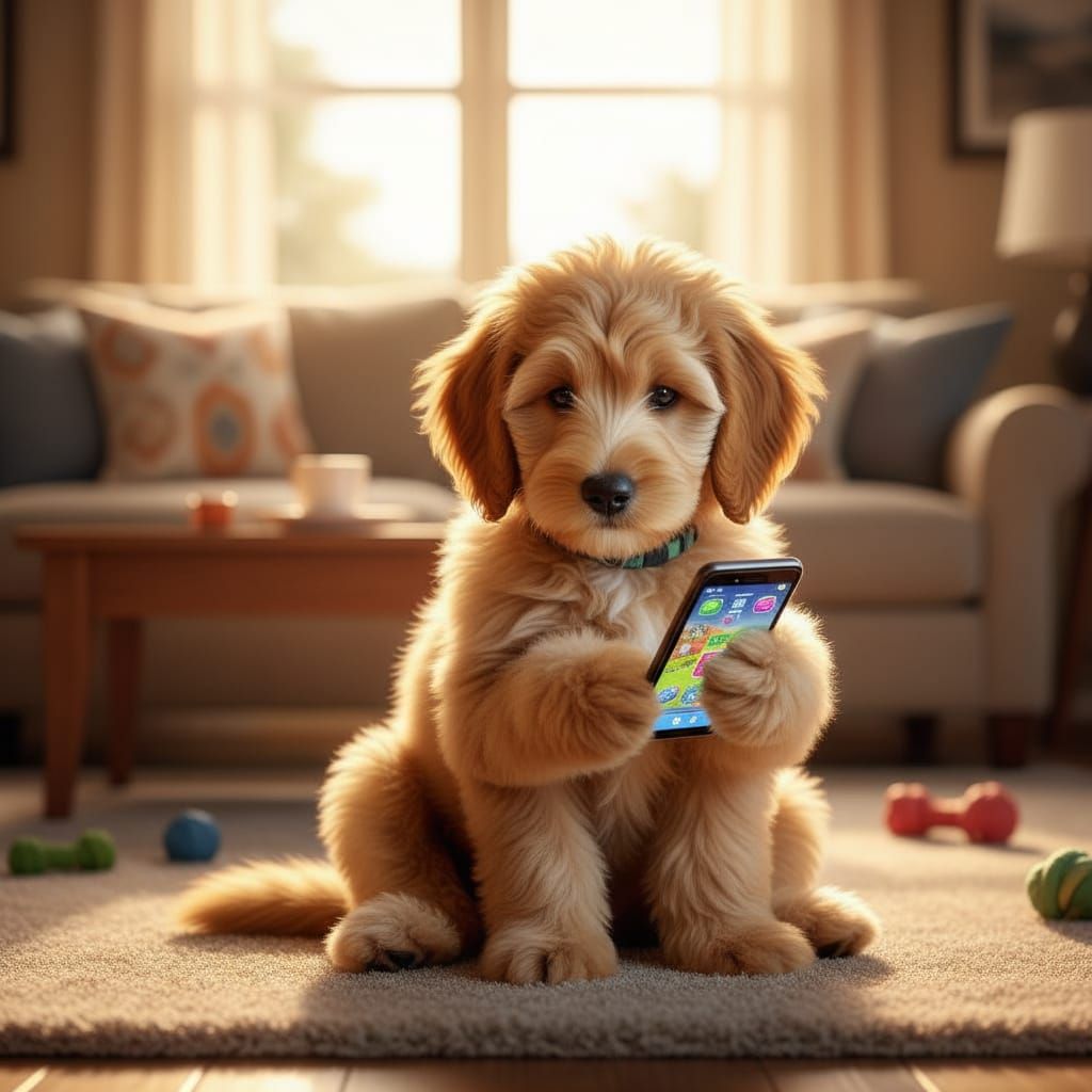 Goldendoodle Engrossed in Mobile Phone Screen