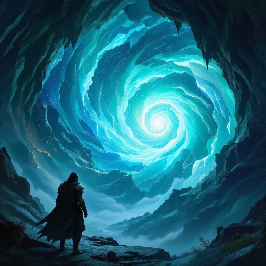 Adventurer Gazes at Crystal Cavern's Magical Vortex