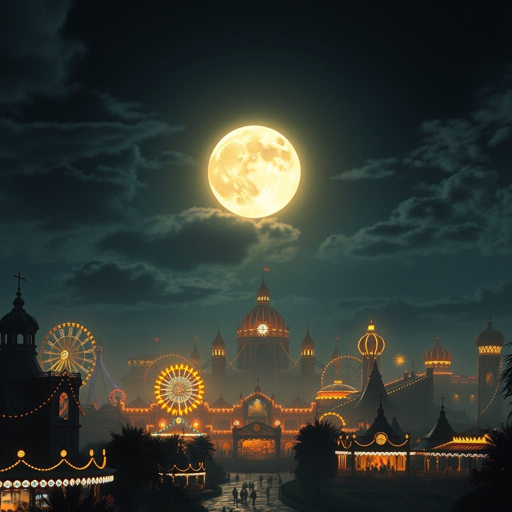 Theme Park Silhouette in Glowing Night Sky