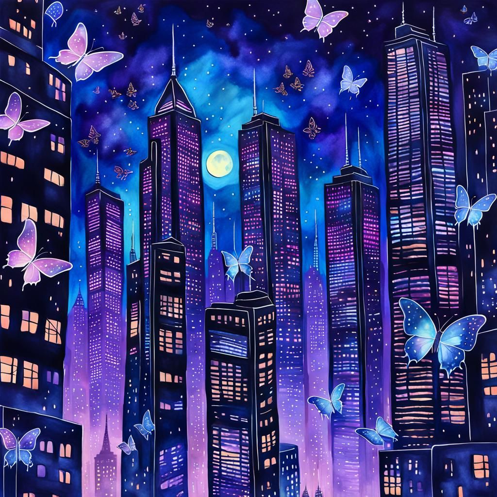 Magical Cityscape with Bioluminescent Butterflies