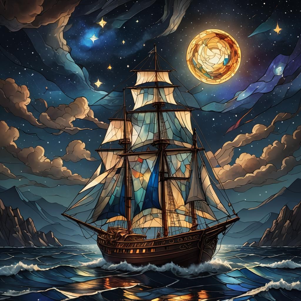 Stained Glass Sailboat on Starry Night