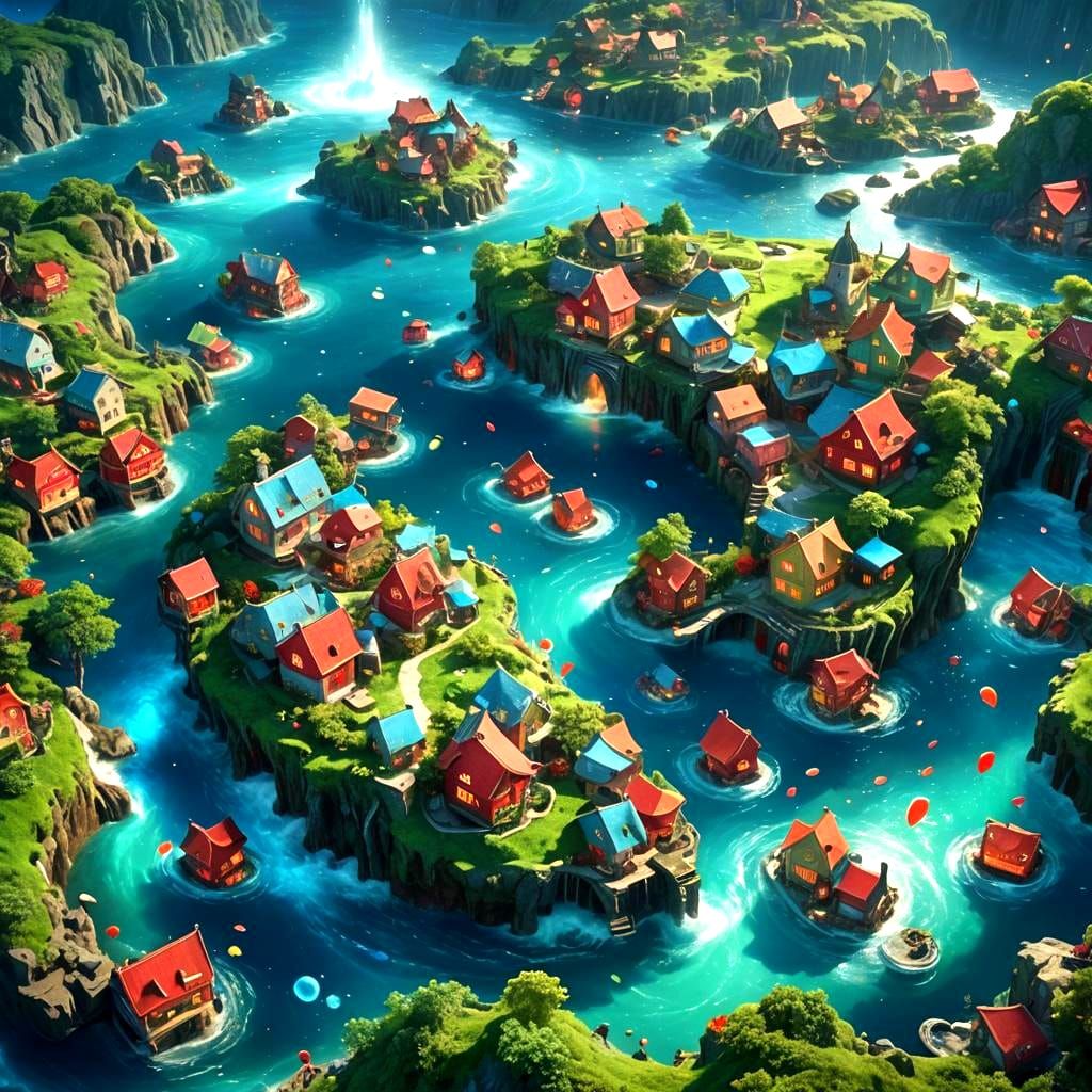 Whimsical Ocean Village with Waterfalls in Fantasy Art