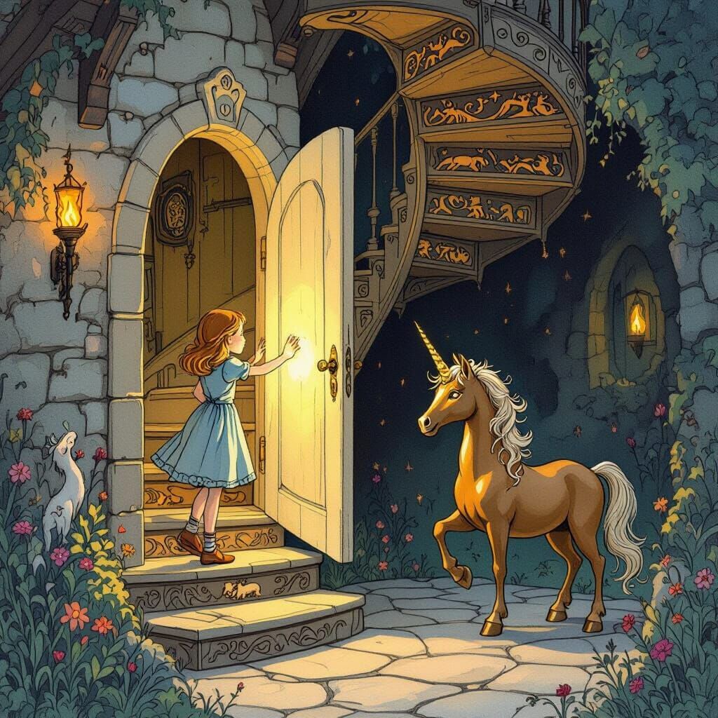 Girl Discovers Magical Staircase and Unicorn