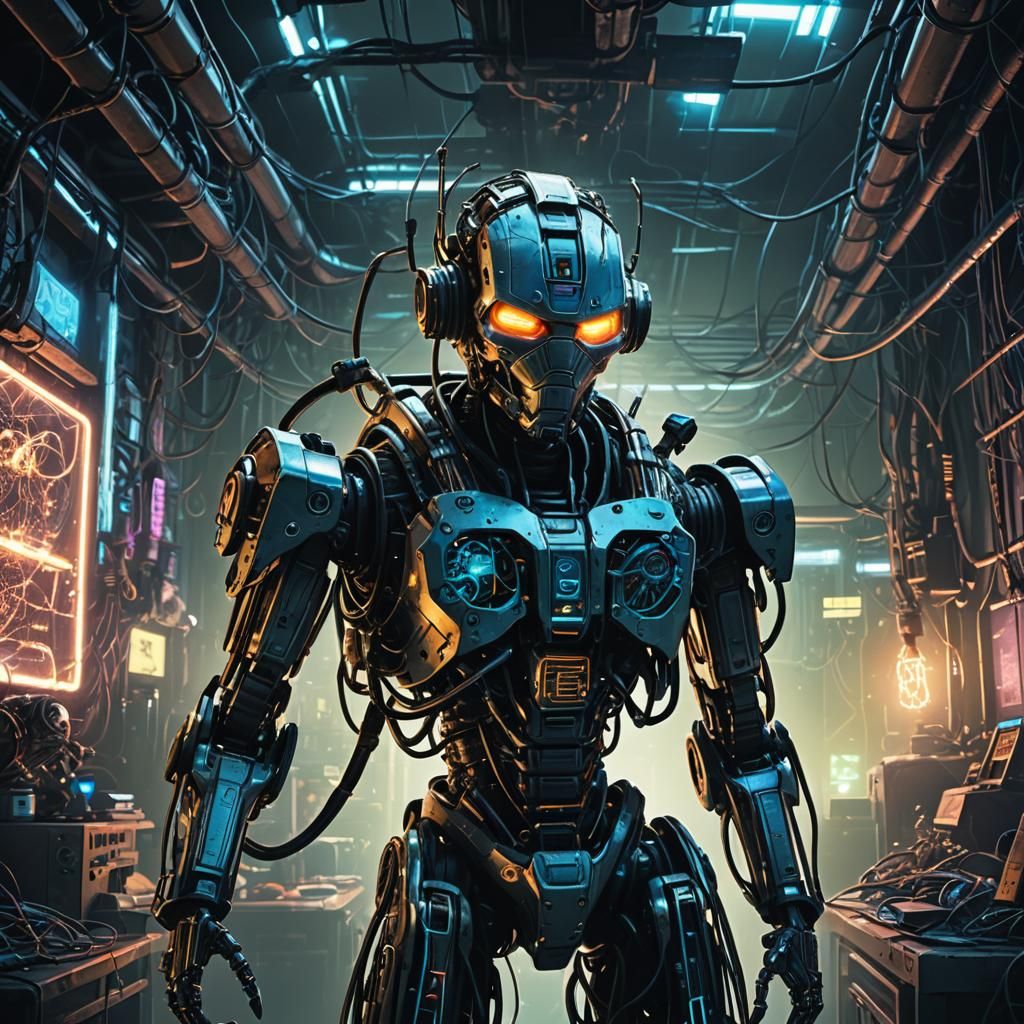 Cyberpunk Robot in Rundown Lab: Movie Poster Art