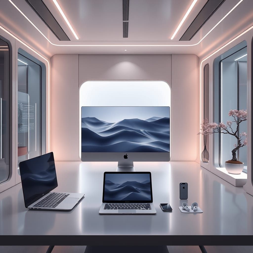 Futuristic Apple Workspace with Vision Display