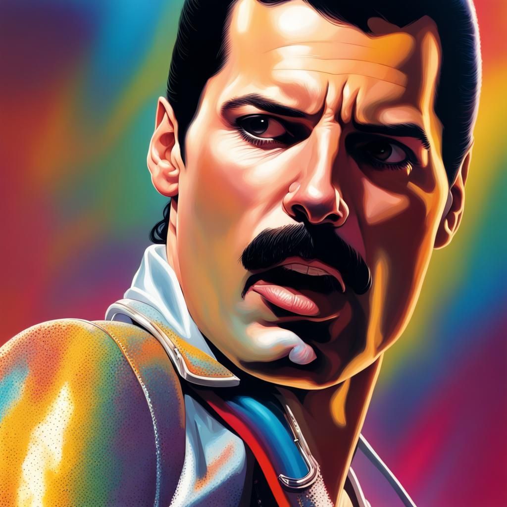 Hyperrealistic Portrait of Freddie Mercury with Colorful Acc...