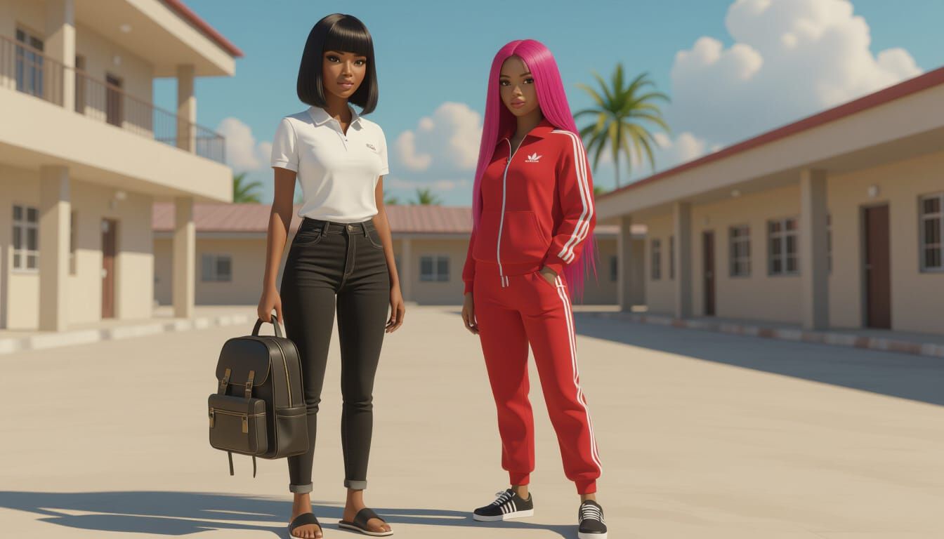 African Women in School Compound Animated Style