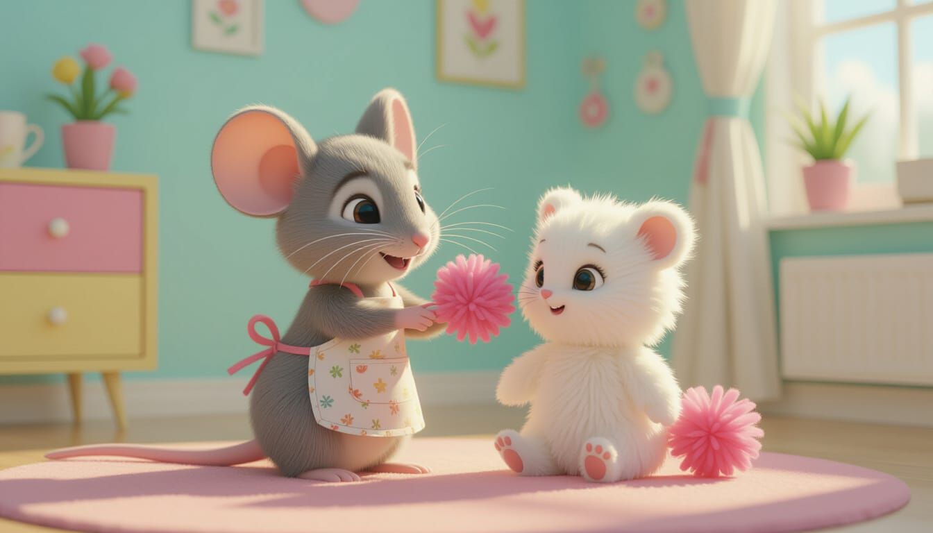 Adorable CGI Mouse and Pom-Pom Puppet in Pastel Room
