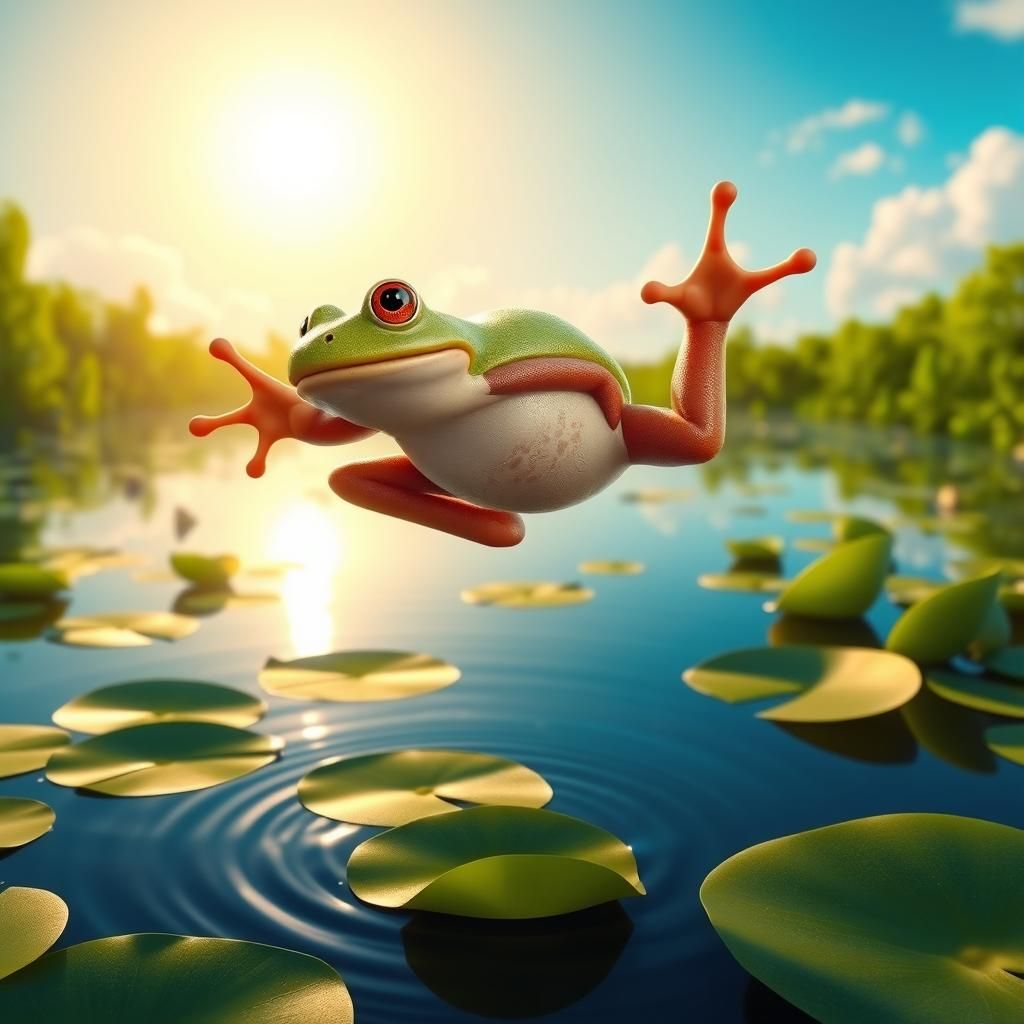 A lively scene of a frog mid-leap across a lily pad-filled p...