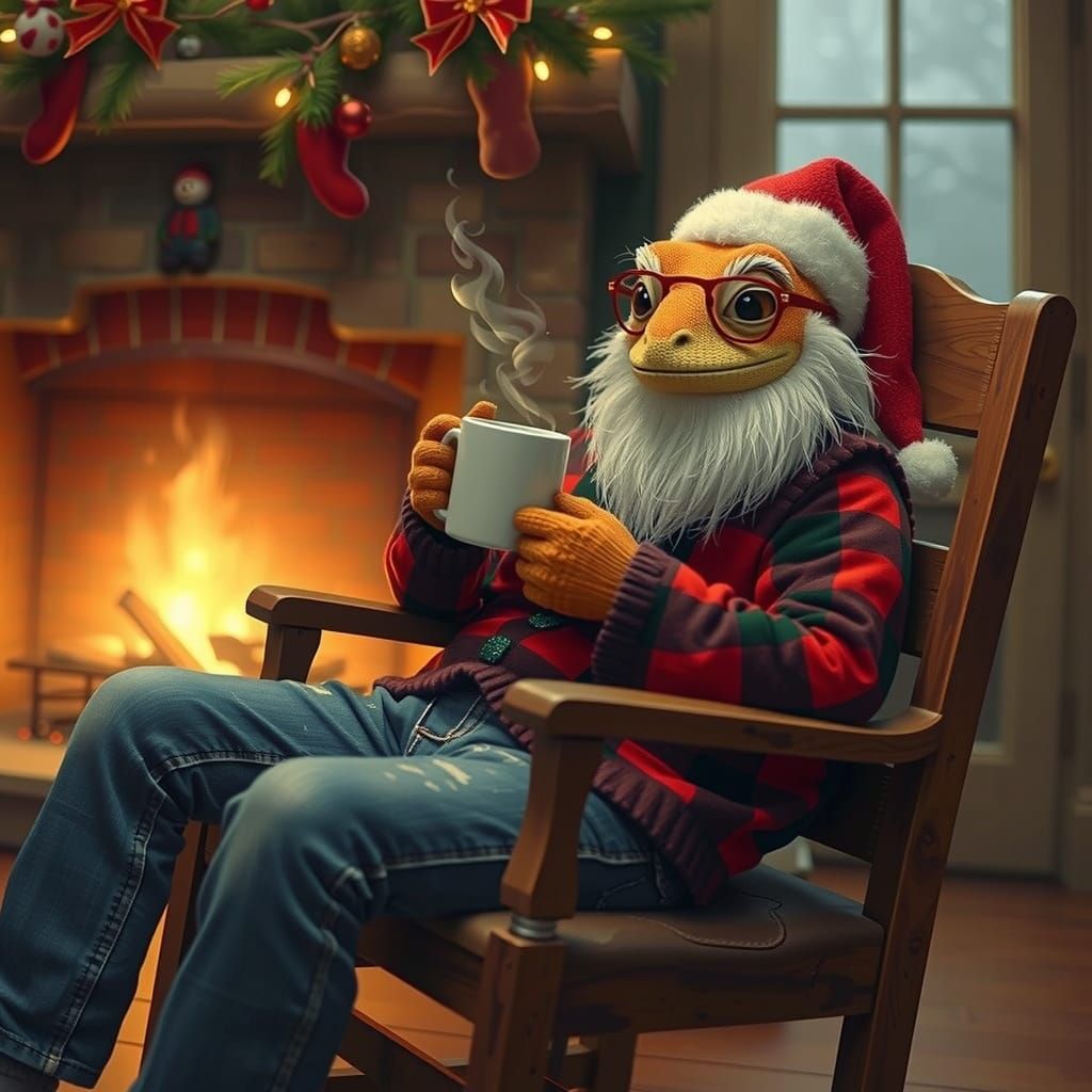 Festive Gecko Enjoying Coffee by the Fire