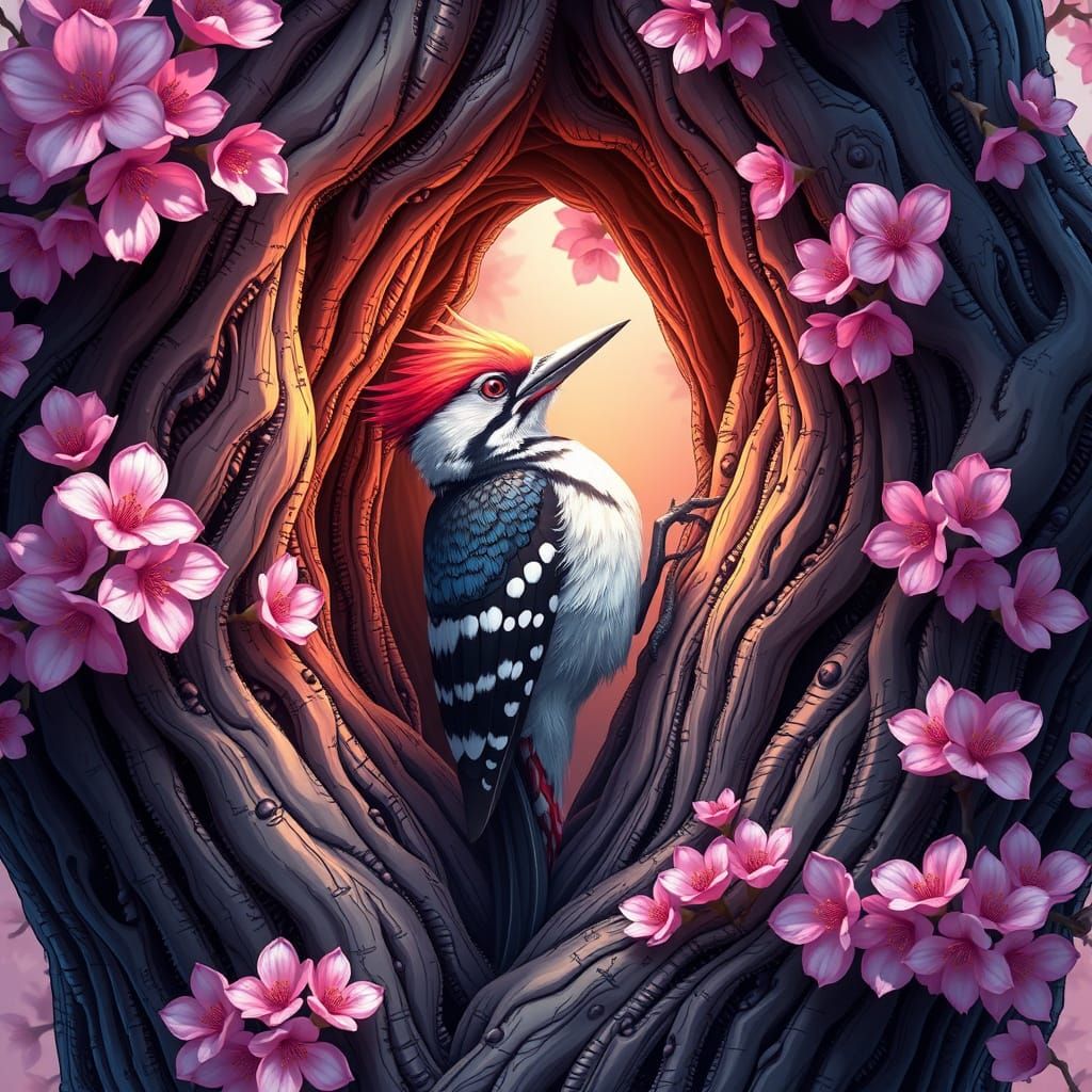 Woodpecker in Cherry Blossom Tree, Anime-Inspired Art
