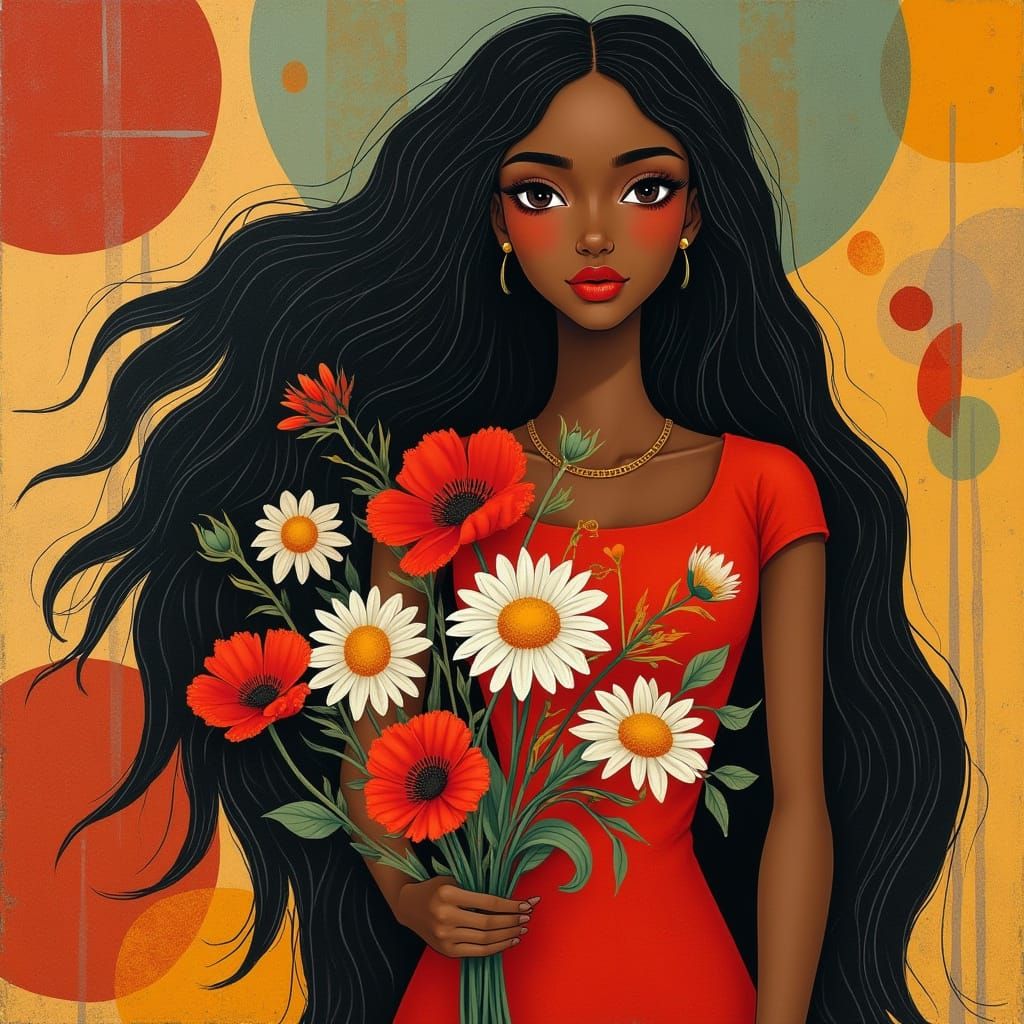 Black Girl with Flowers and Geometric Shapes in Tarsila do A...