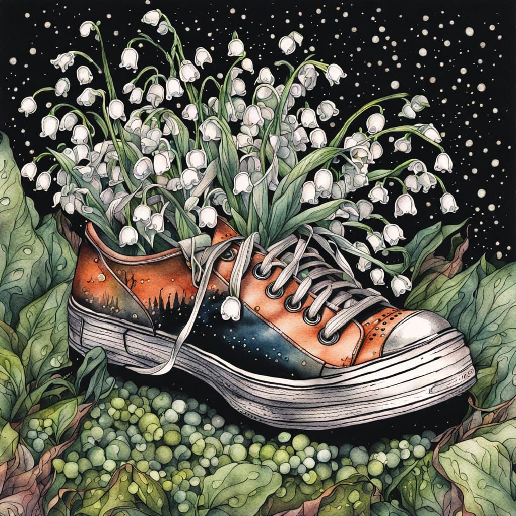 Lily-of-the-Valley in Discarded Shoe, Ink Drawing