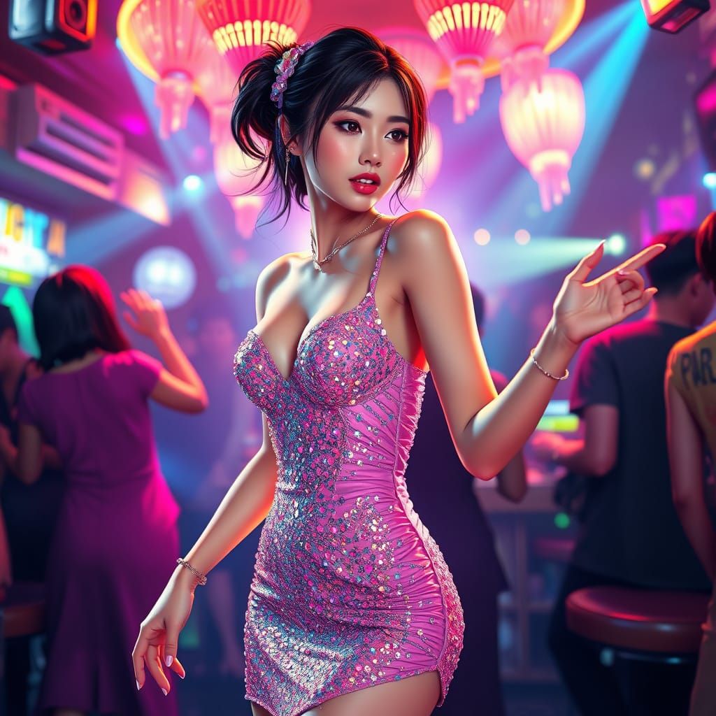 Vibrant Korean Woman Dances in Neon-Lit Party Club