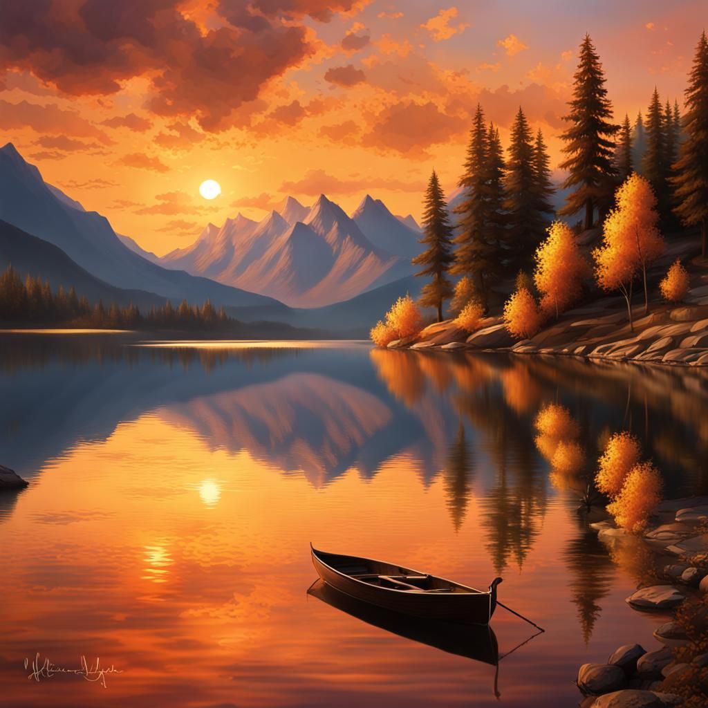 Serene Lakeside Sunset in Hyperrealistic Splash Art