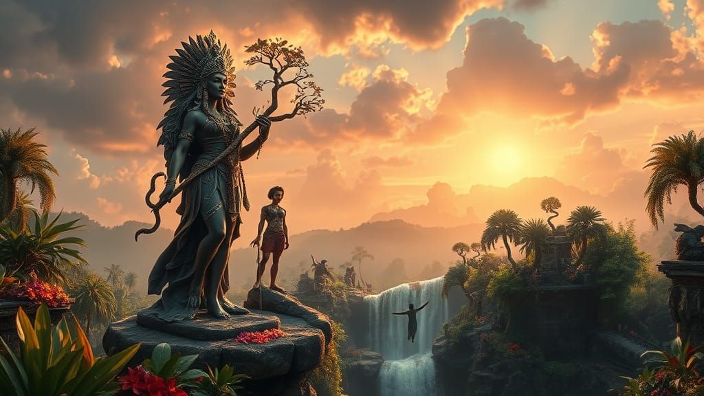 Dreamlike Mayan Goddess in Sepia-Lit Jungle Temple with Stea...