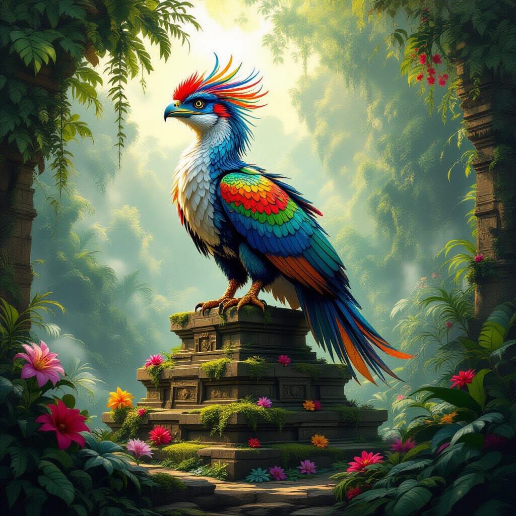 Feathered Velociraptor Perched Atop Jungle Ziggurat