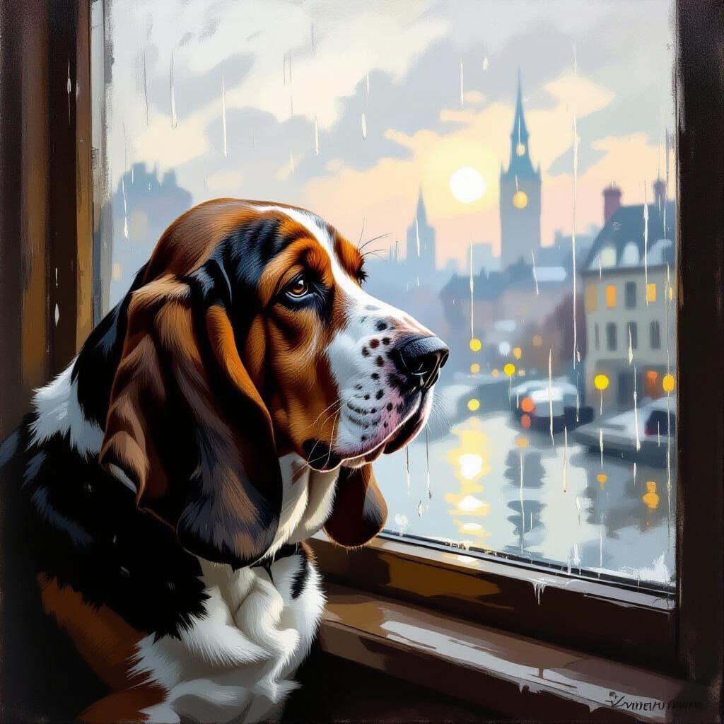 Soulful Basset Hound Gazes Out Rainy Window