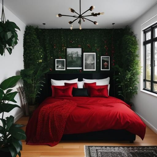 Elegant Black and Red Bedroom with Plants