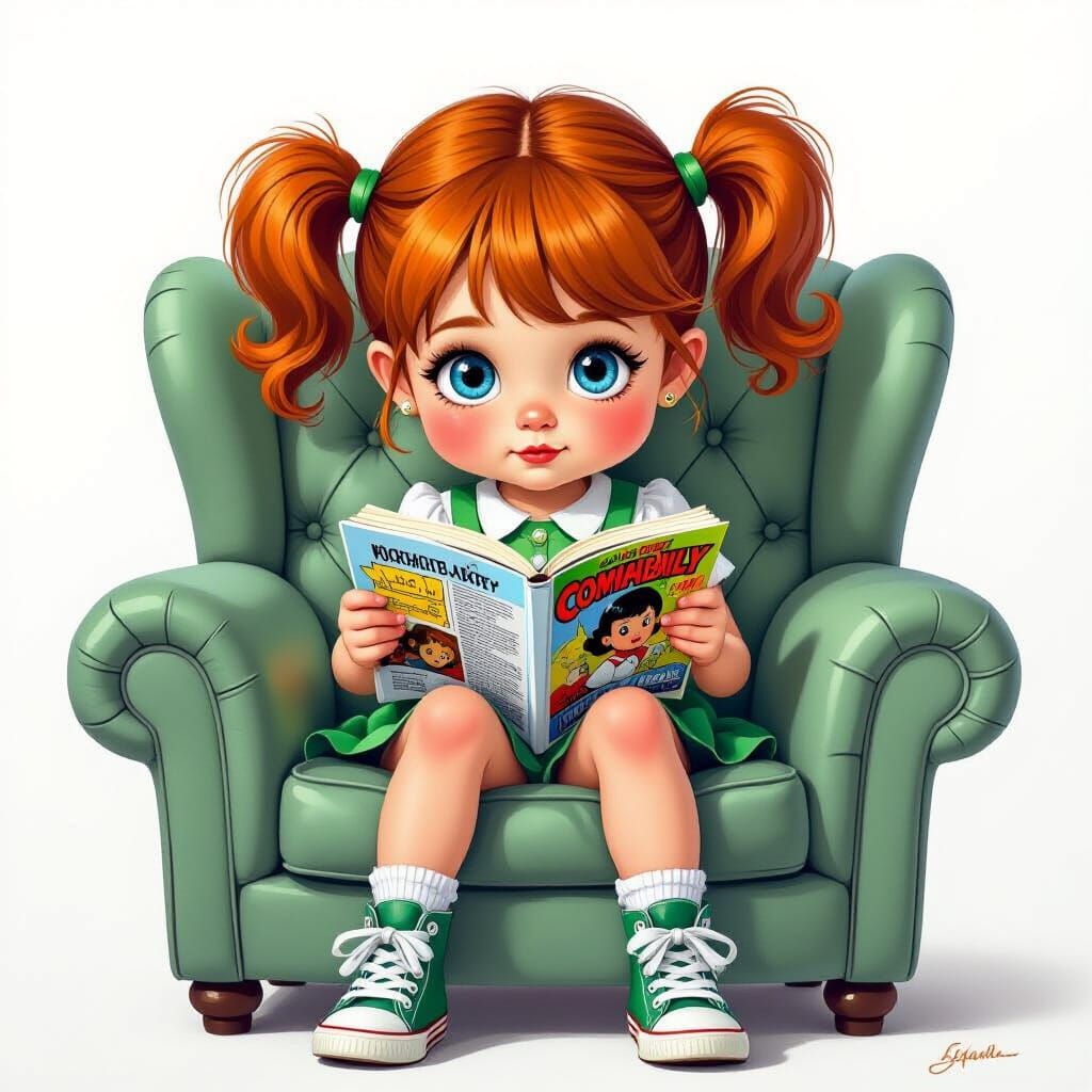 Adorable Girl Reading Comic Book in Whimsical Style
