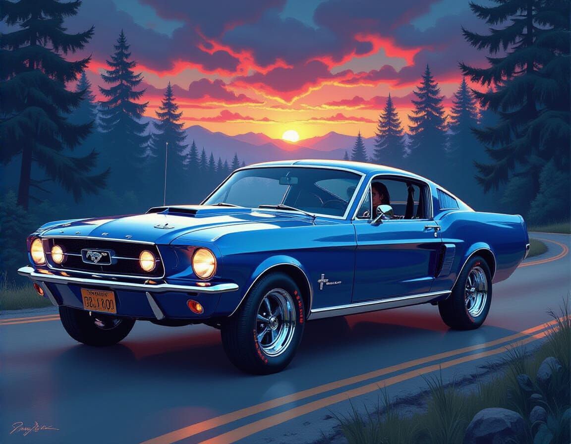 Psychedelic 1966 Mustang Muscle Car in Misty Forest