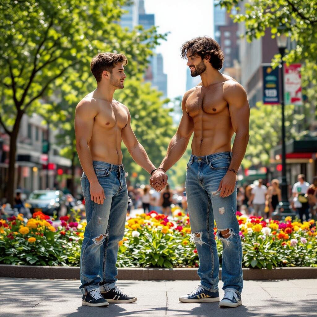 Two Men Holding Hands in Sunny City Park