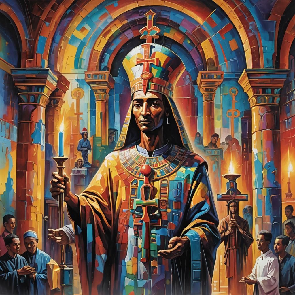 Ra and Parishioners: Surrealist Oil Painting in Basquiat Sty...