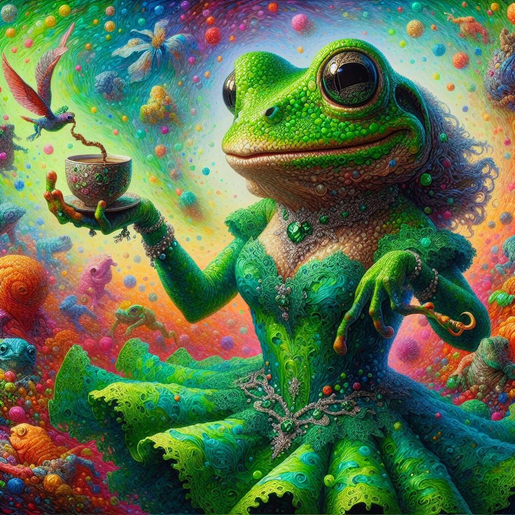 Elegant Frog Dancer in Emerald Green Lace Surrounded by Vibr...