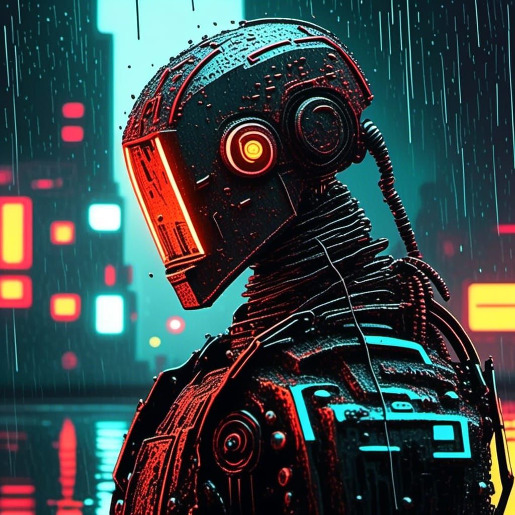 Cyberpunk Robot with Cracked Visor in Neon Cityscape