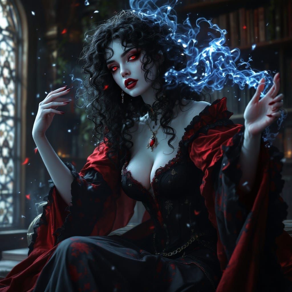Mysterious Vampire Maiden in Renaissance Dress Reads Ancient...