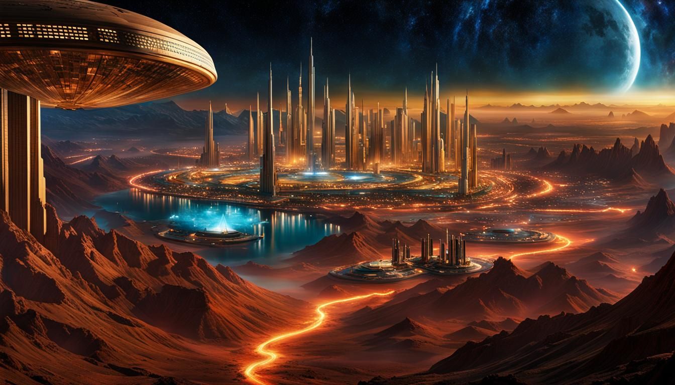 Vulcan City at Night with Twin Moons, Baroque Style