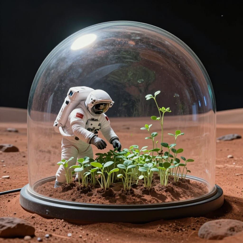 Astronaut Tends Martian Garden in Glass Dome