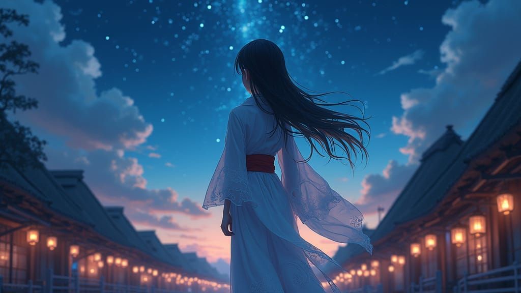 A Young Girl Stands in the Starry Night Sky, Surrounded by t...