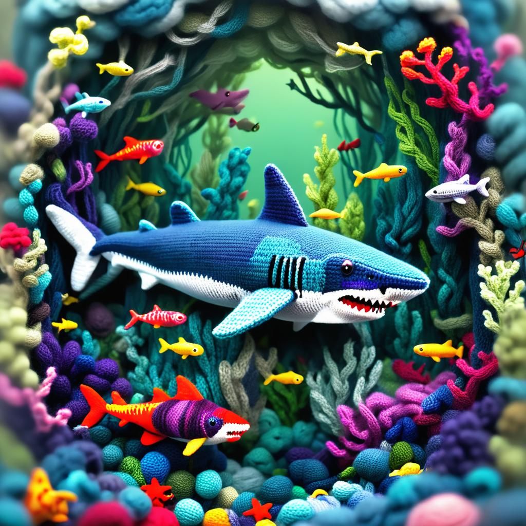 Knitted Shark Submarine in Psychedelic Sci-Fi Style