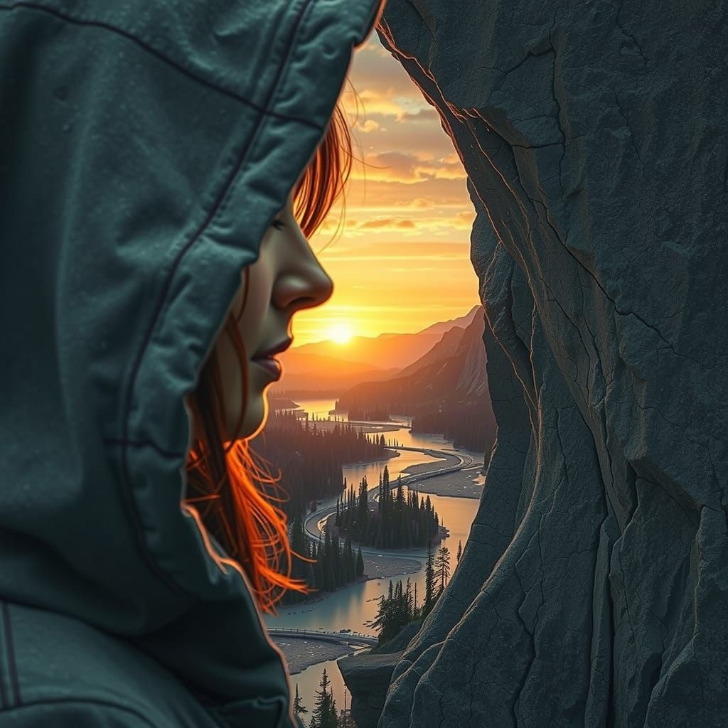 Granite Face Hides Sunset Landscape, Digital Art