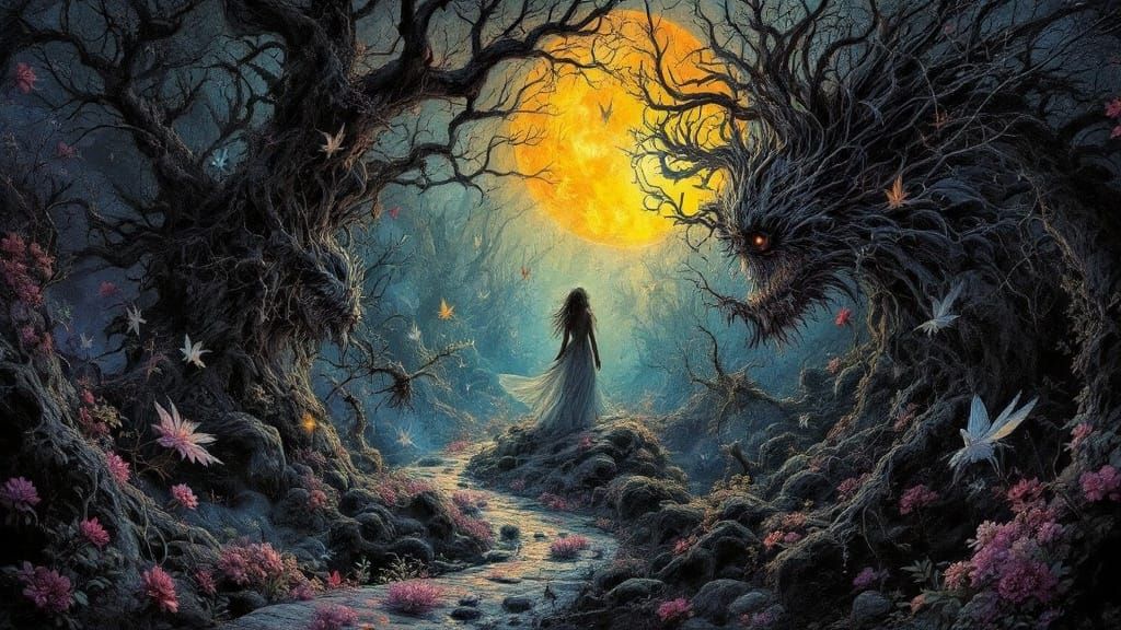 Dark Whimsical Fantasy Painting of Fairy Dreams