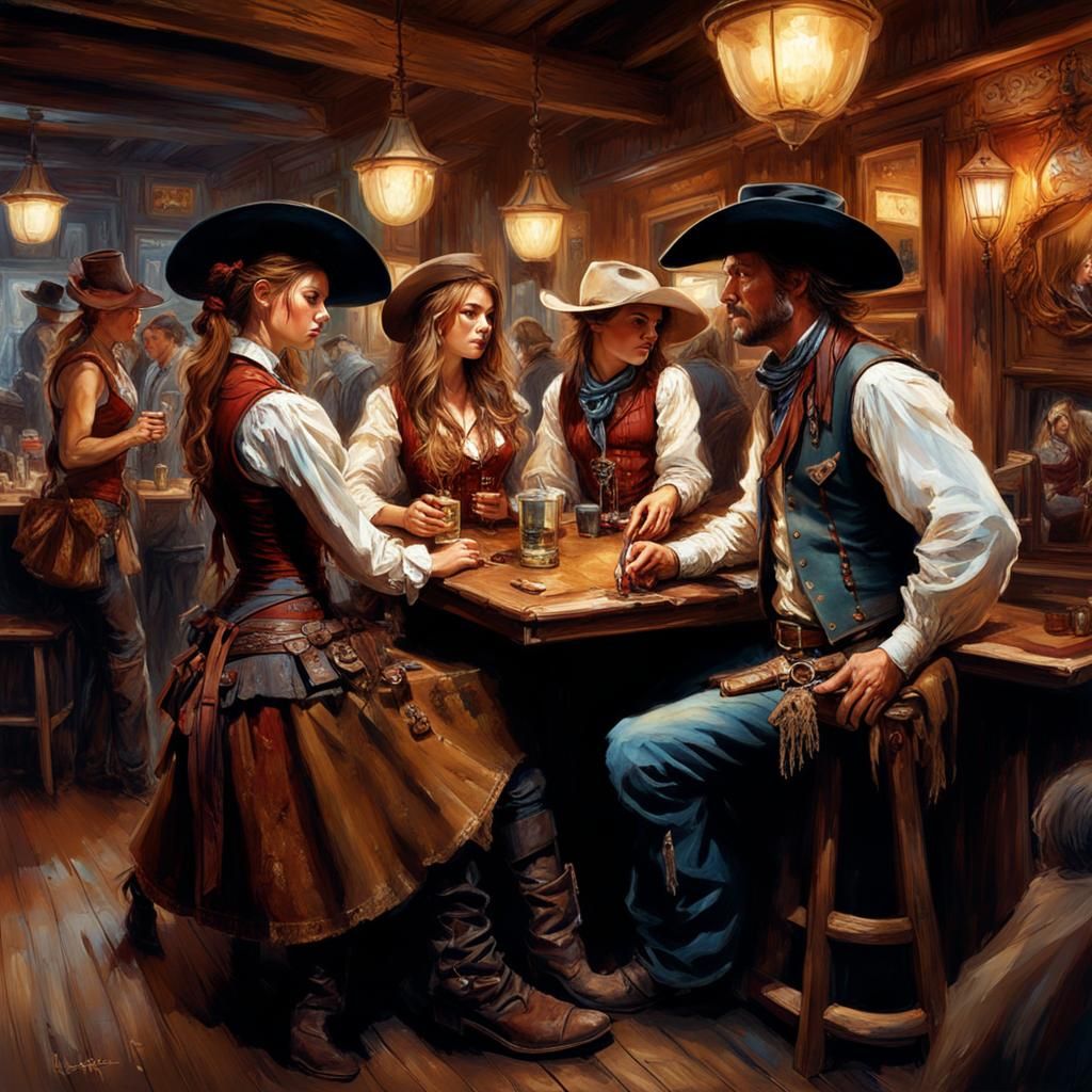 "Cowboy meeting saloon girls in a saloon"