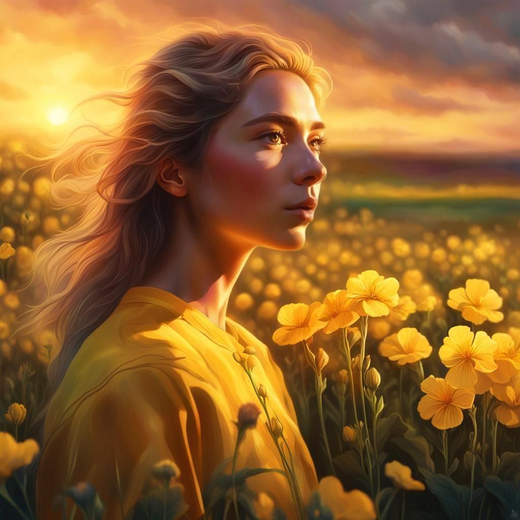 Hyperrealistic Primrose Field Sunset Splash Art