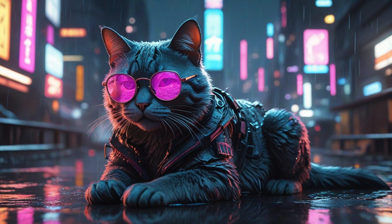 Cyberpunk Cat on Tokyo Rooftop with Holographic Koi
